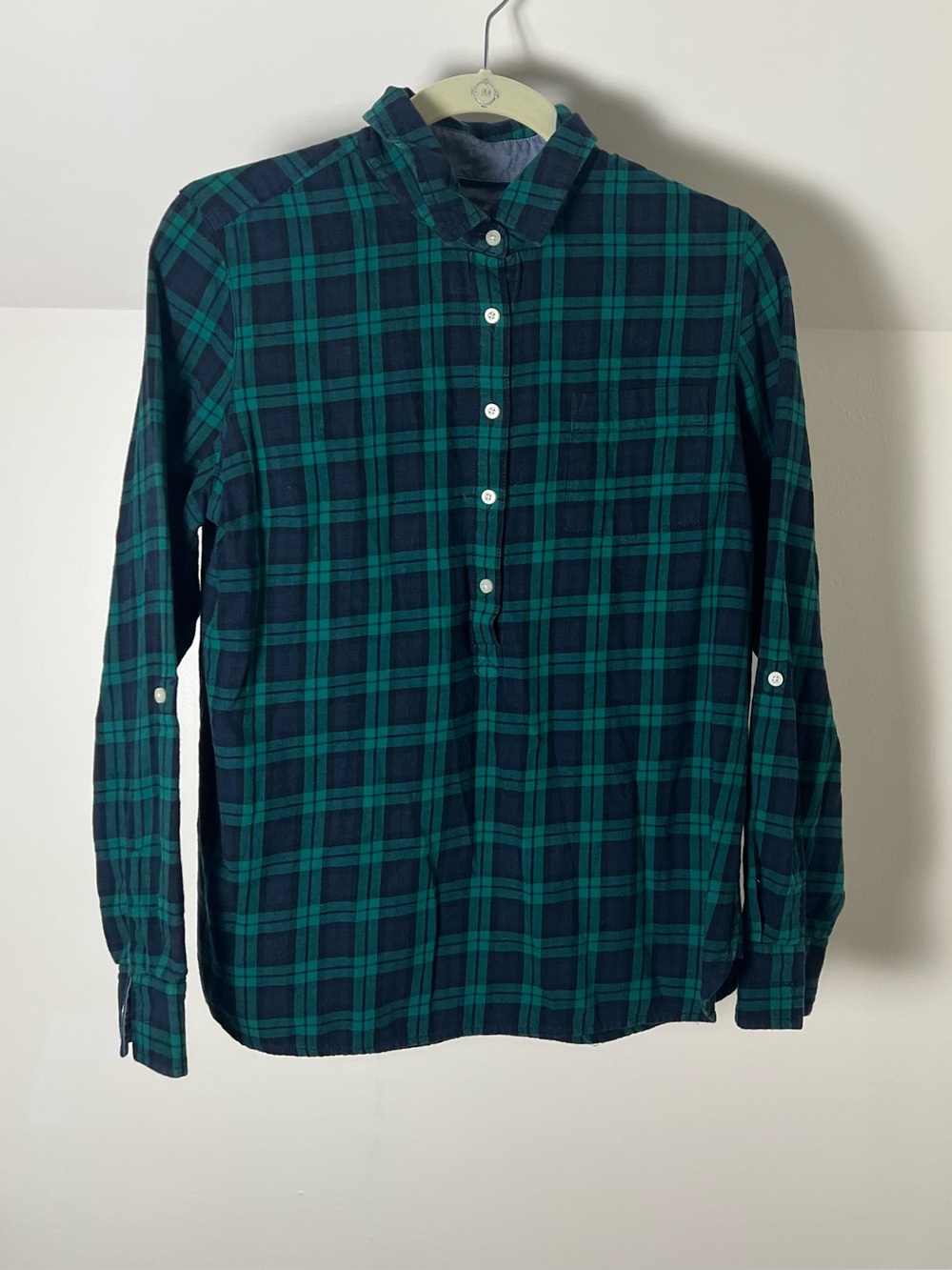 Tommy Hilfiger Navy and Green Plaid Half-Button Shirt
